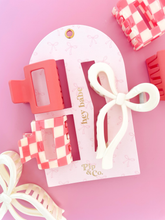 Load image into Gallery viewer, Pink Bow and Checkered Claw Hair Clip Set